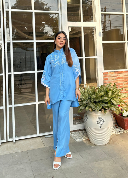 Denim Blue Embroidered Winter Fusion Set